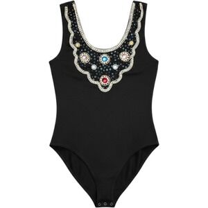 In Charge 90's  Blck Embellished Bodysuit Beaded Gemstone Tank Top size S